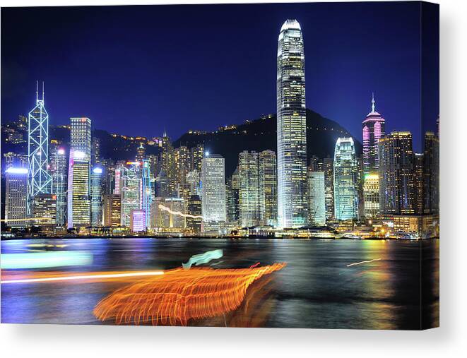 Outdoors Canvas Print featuring the photograph Night Photography At Victoria Harbour by Raymondchan Photo