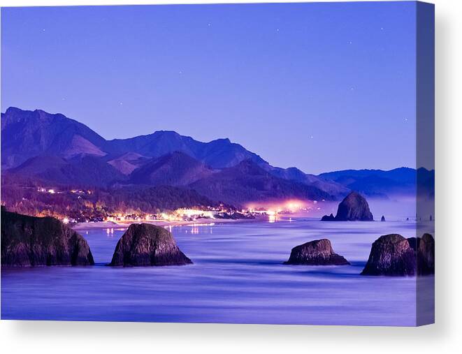 Cannon Canvas Print featuring the photograph Night View of Cannon Beach by Joseph Bowman