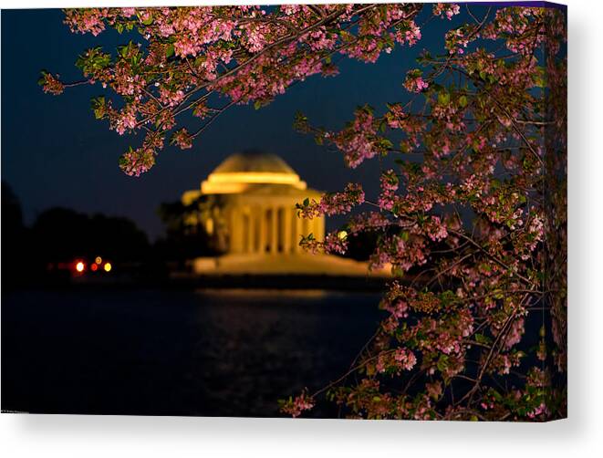 America Canvas Print featuring the photograph Night View of Cherry Blossoms and the Jefferson Memorial by Mitchell R Grosky