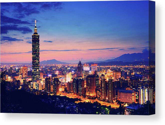 Taiwan Canvas Print featuring the photograph Night View Of City And Taipei 101 by Joyoyo Chen