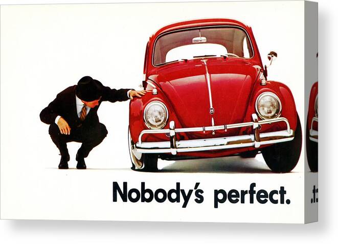 Nobodys Perfect Canvas Print featuring the digital art Nobodys Perfect - Volkswagen Beetle Ad by Georgia Clare