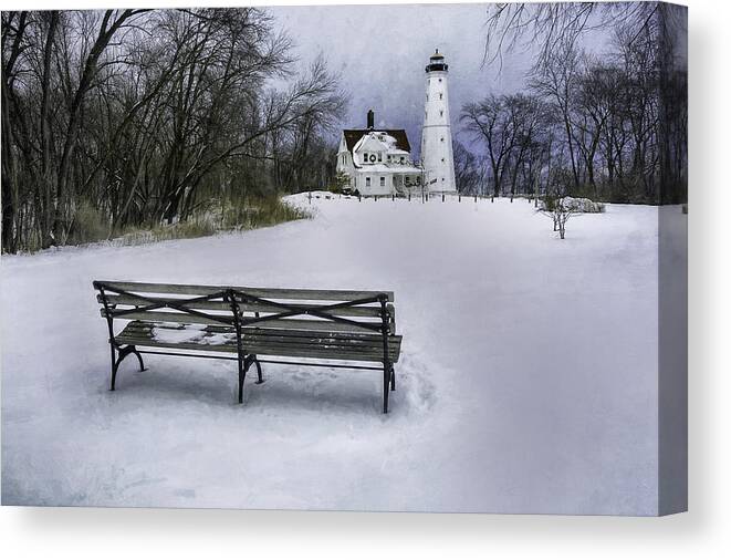 Lighthouse; Light House; Architecture; Beacon; Winter; Snow; Overcast; Cloudy; Cold; White; Tower; Keeper; House; Milwaukee; Lake Michigan; Structure; Building; Midwest; Shore; Nautical; Light Station; Coast; Frozen; Ice; Fine Art Photography; Scott Norris Photography; Bench; Sit; Rest; Park Bench; Wooden Bench Canvas Print featuring the photograph North Point Lighthouse and Bench by Scott Norris