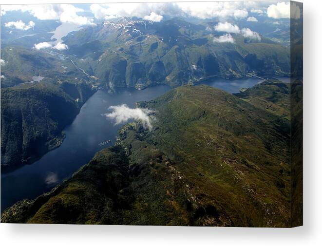 Norway Canvas Print featuring the photograph Norwegian Fjord from on High by Laurel Talabere