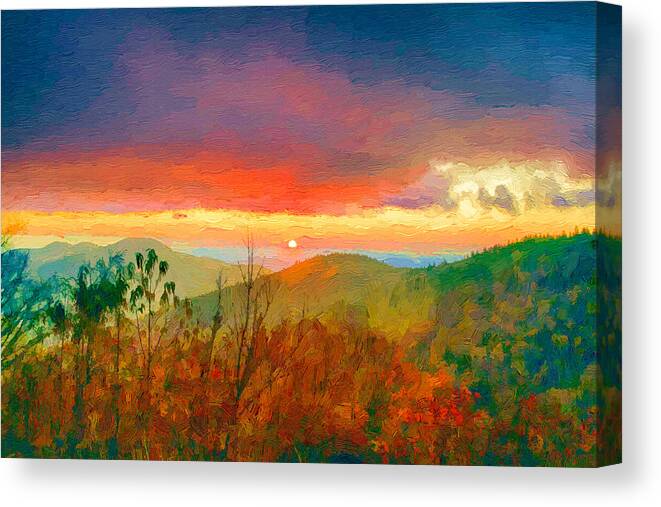 Sunrise Canvas Print featuring the painting October Sunrise Painting on the Blue Ridge Parkway by John Haldane