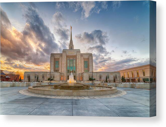 Buildings Canvas Print featuring the photograph Ogden Temple Fountain by Ryan Moyer