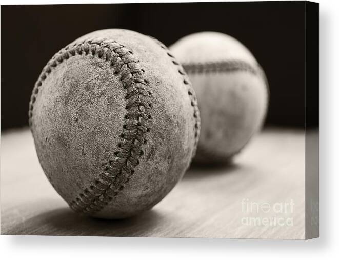 Ball; Sport; Baseball; Leather; Stitches; Red; White; Closeup; Used; Old; Vintage; Antique; Old Baseballs Canvas Print featuring the photograph Old Baseballs by Edward Fielding