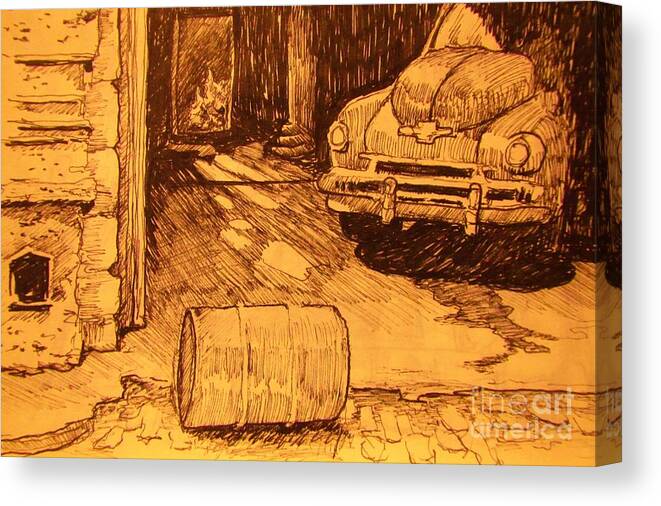 Car Canvas Print featuring the drawing Old Car in Garage by John Malone