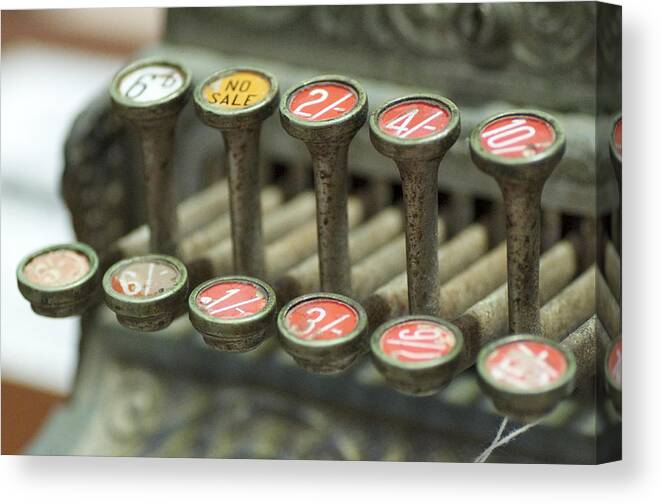 Till Canvas Print featuring the photograph Old Cash Register Keys - Shillings and Pence by Sally Nevin