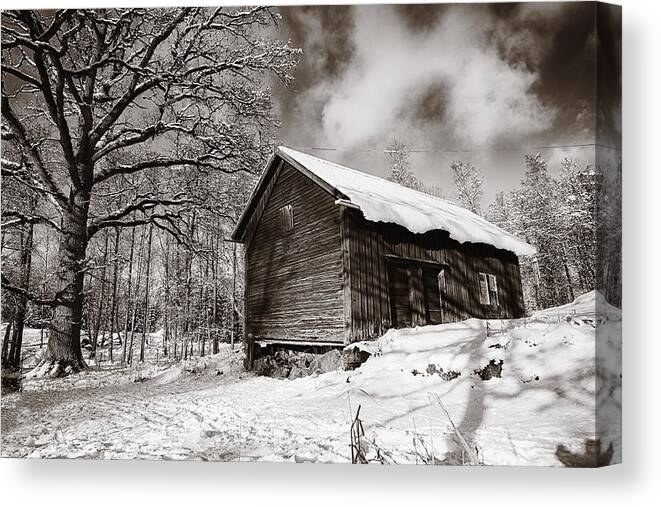 Cottages Canvas Print featuring the photograph Old Rural Barn In A Winter Landscape by Christian Lagereek