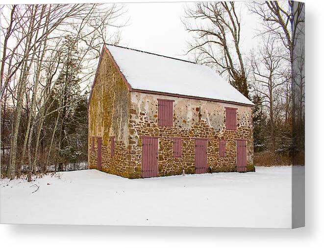 Barn Canvas Print featuring the photograph Old Stone Barn in Winter by Kristia Adams
