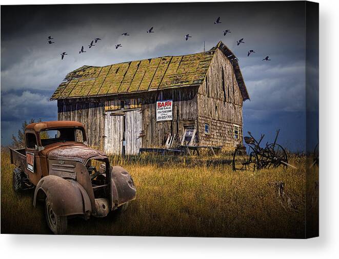 Art Canvas Print featuring the photograph Old Vintage Truck and Wooden Barn for Sale by Randall Nyhof