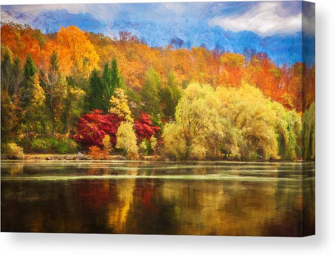 Golden Leaves Canvas Print featuring the photograph On Golden Pond Fall Foliage Painted by Rich Franco