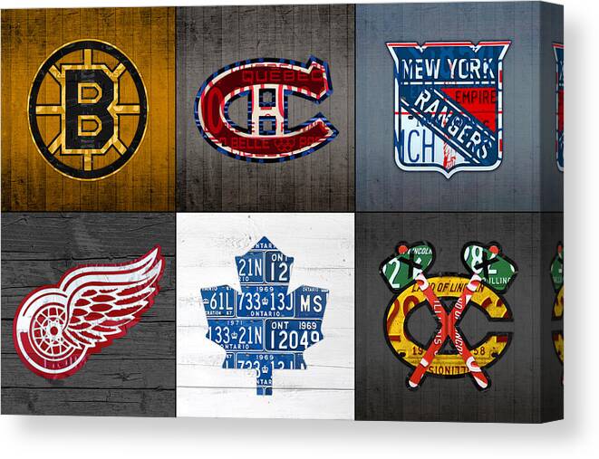 Original Six Canvas Print featuring the mixed media Original Six Hockey Team Retro Logo Vintage Recycled License Plate Art by Design Turnpike