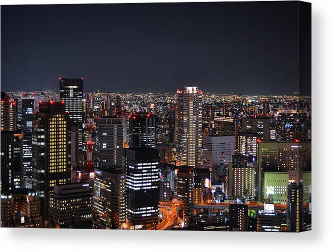 Tranquility Canvas Print featuring the photograph Osaka Skyline At Night by Image Courtesy Trevor Dobson
