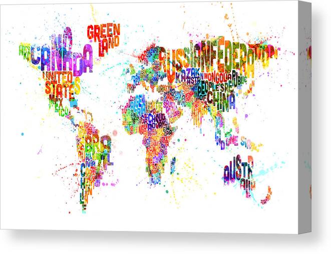 Map Of The World Canvas Print featuring the digital art Paint Splashes Text Map of the World by Michael Tompsett