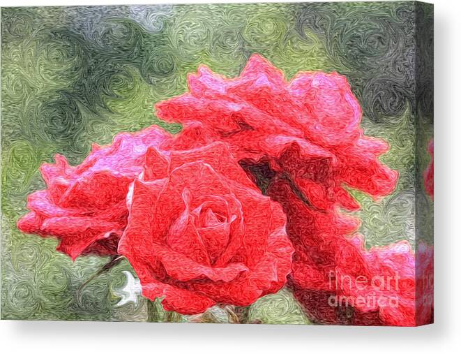 Red Roses Canvas Print featuring the photograph Painterly Red English Roses with Green Swirls by Beverly Claire Kaiya