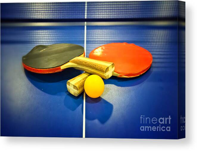 Ping-pong Canvas Print featuring the photograph Pair of Ping-pong Bats Table Tennis Paddles Rackets on Blue by Beverly Claire Kaiya