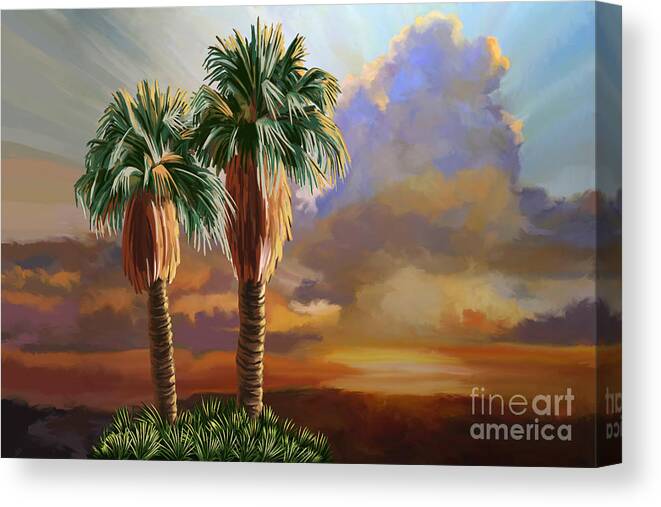 Cabo San Lucas Canvas Print featuring the painting Palm Tree Cabo Sunset by Tim Gilliland
