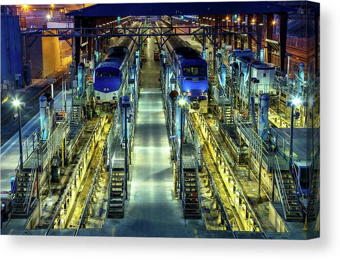 Tranquility Canvas Print featuring the photograph Passenger Train Maintenance Yard At by Hal Bergman