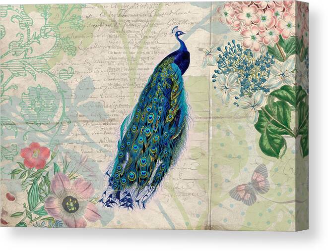 Peacocks Canvas Print featuring the digital art Peacock and Botanical Art by Peggy Collins