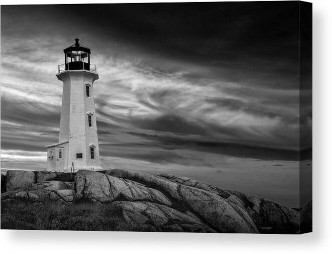 Ighthouse Canvas Print featuring the photograph Peggys Cove Lighthouse in Nova Scotia in Black and White by Randall Nyhof
