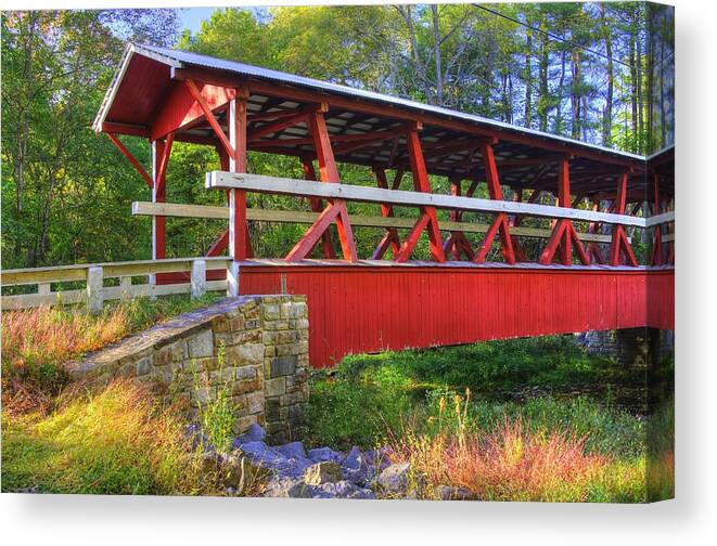 Colvin Covered Bridge Canvas Print featuring the photograph Pennsylvania Country Roads - Colvin Covered Bridge Over Shawnee Creek - Autumn Bedford County by Michael Mazaika