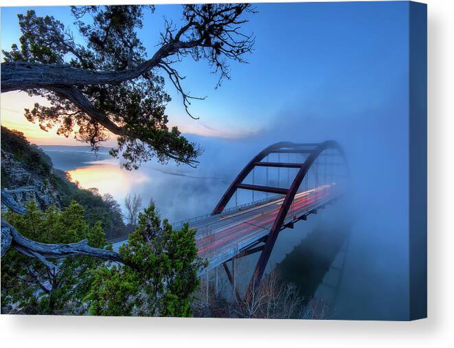 Tranquility Canvas Print featuring the photograph Pennybacker Bridge In Morning Fog by Evan Gearing Photography