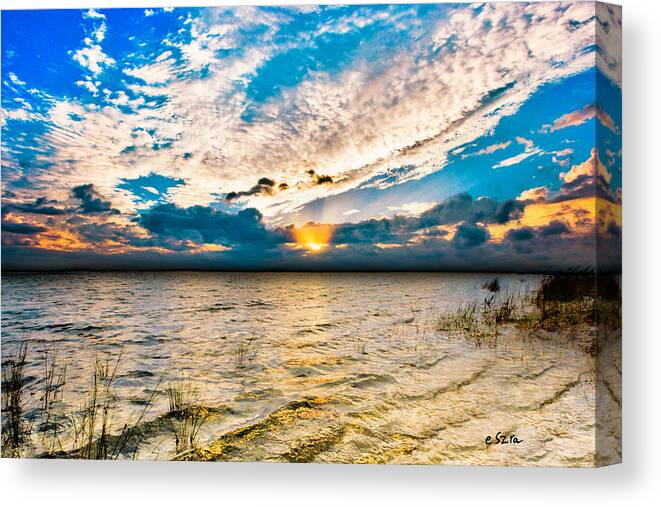 Redeeming-light Canvas Print featuring the photograph Pensacola Bay Florida-Golden Sun Rays Glorious Sunset Light by Eszra Tanner