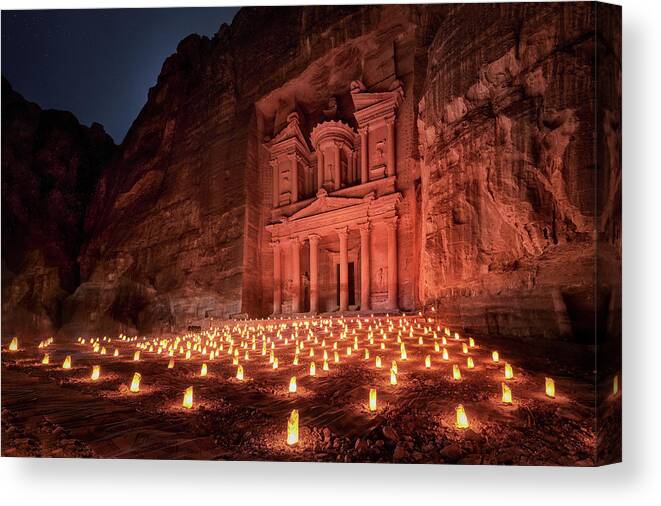 Jordan Canvas Print featuring the photograph Petra By Night by Jes?s M. Garc?a