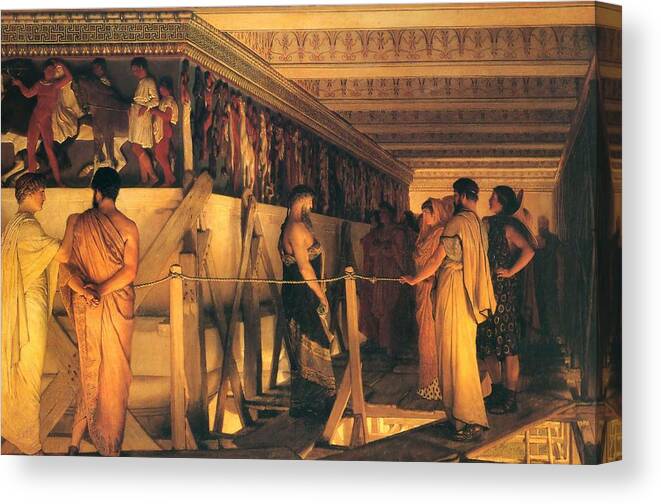 Lawrence Alma-tadema Canvas Print featuring the painting Phidias Showing the Frieze of the Parthenon to his Friends by Lawrence Alma-Tadema