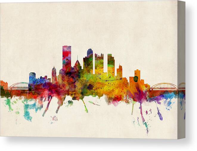 Watercolour Canvas Print featuring the digital art Pittsburgh Pennsylvania Skyline by Michael Tompsett