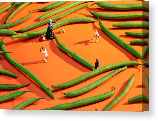 Tennis Canvas Print featuring the photograph Playing tennis among french beans little people on food by Paul Ge