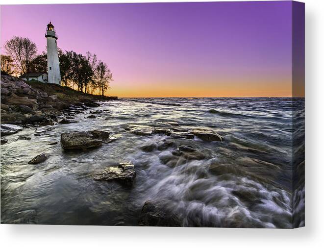 Water's Edge Canvas Print featuring the photograph Point Aux Barques Lighthouse by Joshua Bozarth