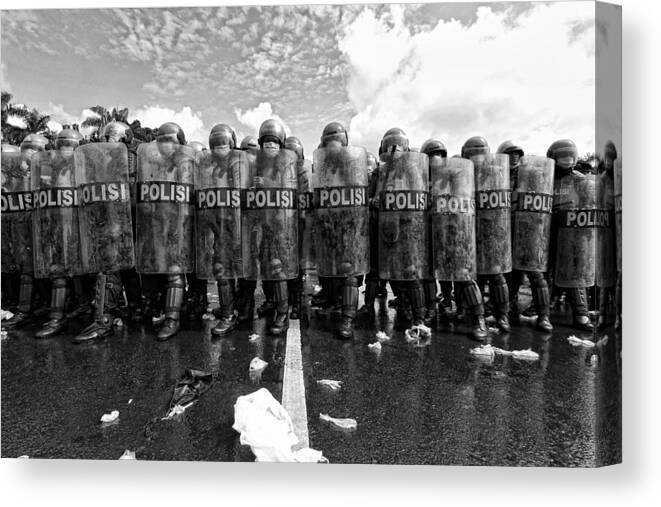 Chaos Canvas Print featuring the photograph Police Barricades by M Salim Bhayangkara