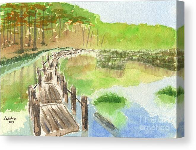 Pond Canvas Print featuring the painting Pond with Rickety Wooden Bridge by Beverly Claire Kaiya