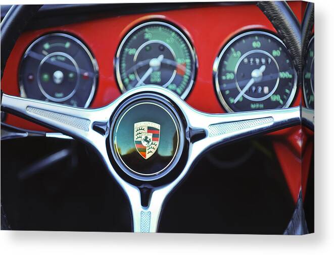 Porsche Steering Wheel Canvas Print featuring the photograph Porsche C Steering Wheel Emblem -1227c by Jill Reger