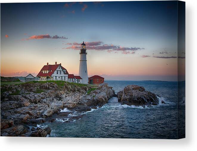 Lighthouse Canvas Print featuring the photograph Portland Headlight Sunset by John Haldane