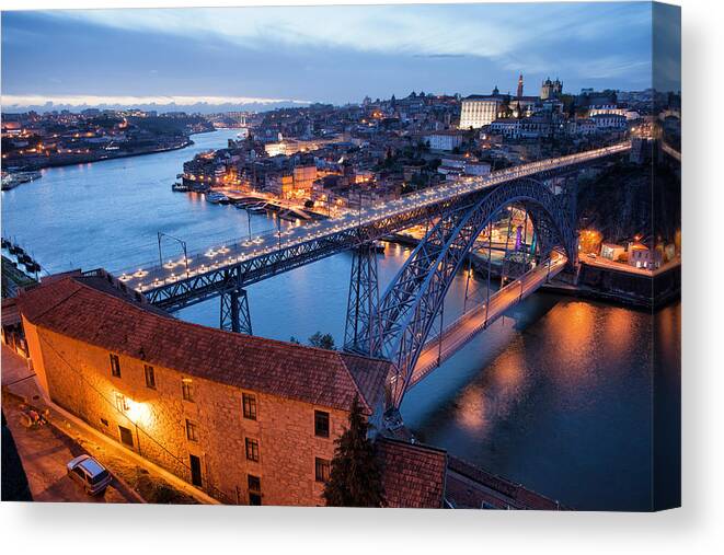 Porto Canvas Print featuring the photograph Porto Cityscape in Portugal at Twilight by Artur Bogacki