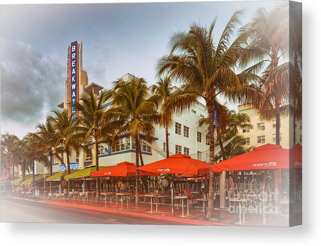 Sobe Canvas Print featuring the photograph Postcard of Breakwater Esplendor Hotel on Ocean Drive - South Beach Miami Beach Florida by Silvio Ligutti