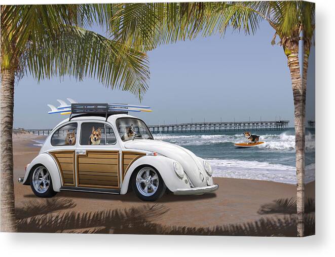 Dogs Canvas Print featuring the photograph Postcards from Otis - Beach Corgis by Mike McGlothlen