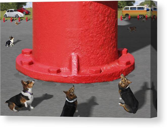 Corgis Canvas Print featuring the photograph Postcards from Otis - The Hydrant by Mike McGlothlen