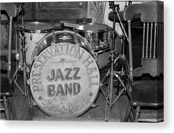 Preservation Hall Canvas Print featuring the photograph Preservation Hall Jazz Band Drum BW by Bradford Martin