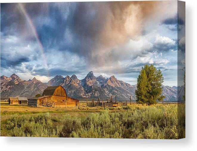 America Canvas Print featuring the photograph Rainbow on Moulton Barn - Horizontal - Grand Teton National Park by Andres Leon