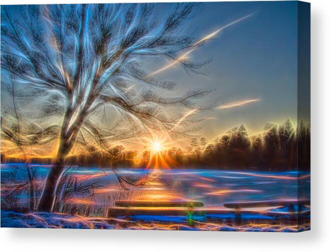 Snow Canvas Print featuring the photograph Rainbow Sunset on Snow Covered Lake by Beth Venner