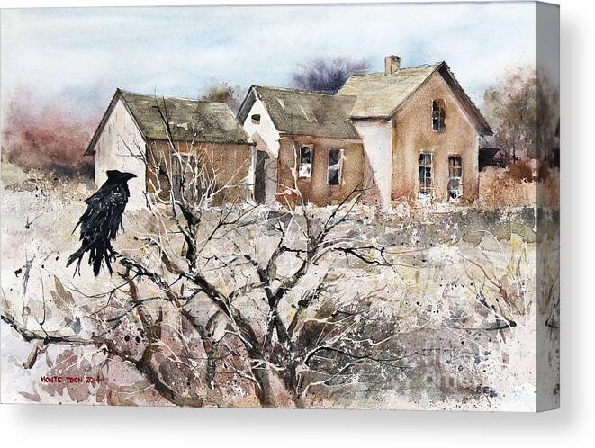 A Raven Pauses To Survey The Condition Of A Deserted House In The Country. Canvas Print featuring the painting Raven Roost by Monte Toon