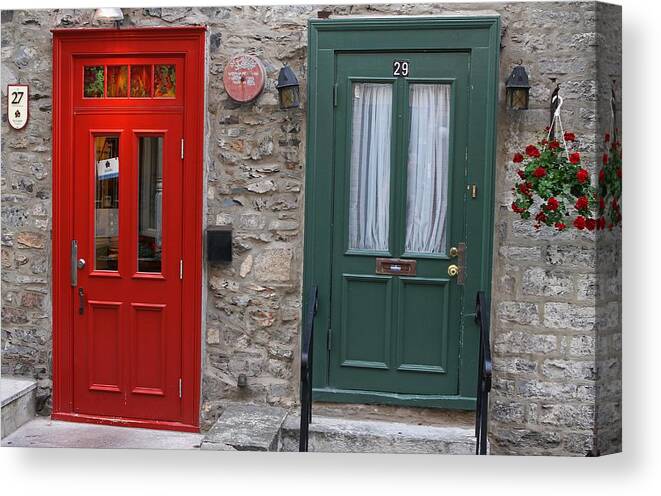 Red Canvas Print featuring the photograph Red and Green Doors of Quebec by Juergen Roth