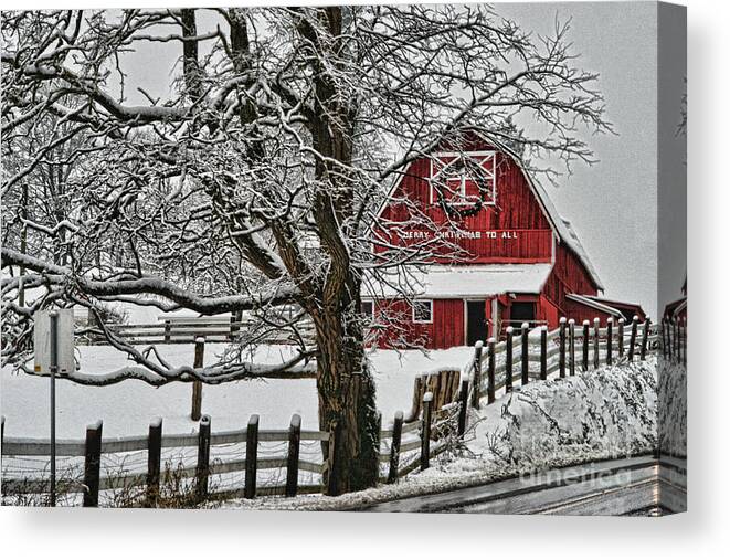 Barns Canvas Print featuring the photograph Red Barn in Winter HDROB4761-13 by Randy Harris