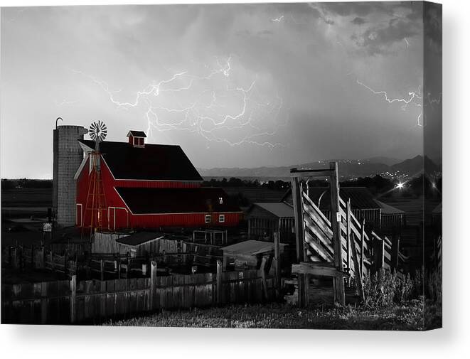 Lightning Canvas Print featuring the photograph Red Barn On The Farm and Lightning Thunderstorm BWSC by James BO Insogna