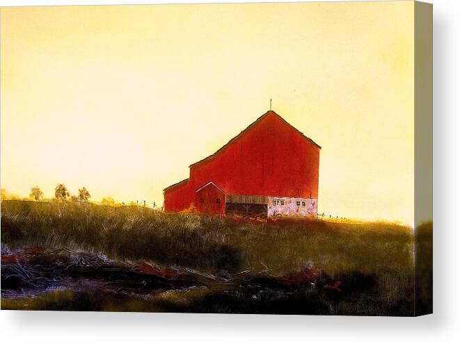 Barn Canvas Print featuring the painting Red Barn on the Rocks by William Renzulli