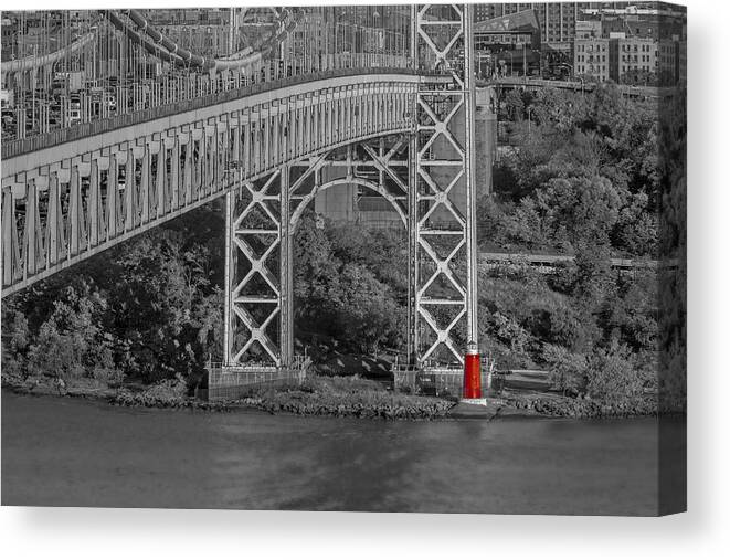 Autumn Canvas Print featuring the photograph Red Lighthouse And Great Gray Bridge BW by Susan Candelario